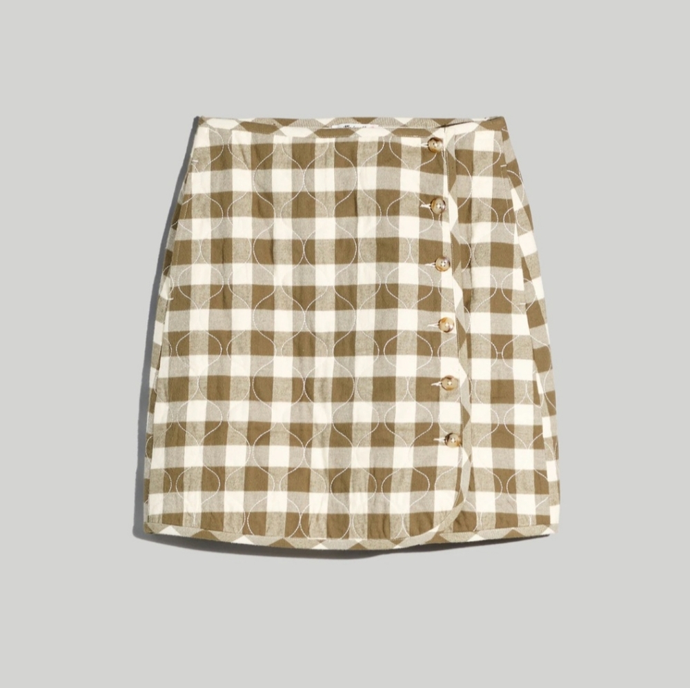 Madewell: Green/Cream Quilted Plaid Button-Down Skirt - Size 6